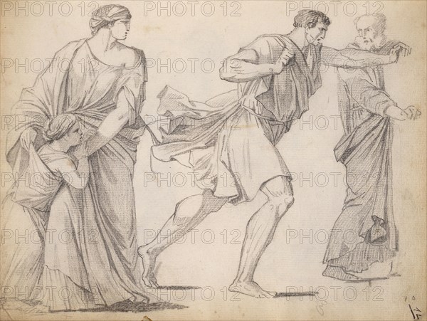 Figures after Laurent de la Hyre's Life of St. Stephen, Sketchbook, Black chalk on paper, ca. 1797, Folio 12, verso