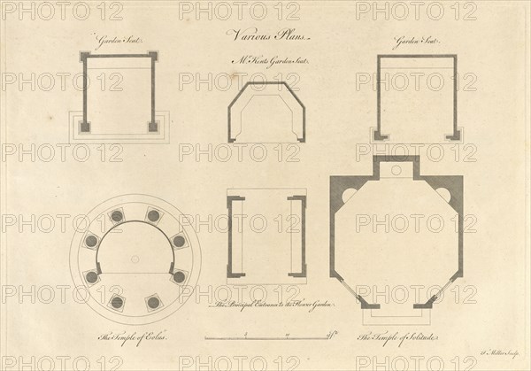 Various Plans, Plans, elevations, sections, and perspective views of the gardens and buildings at Kew, in Surry, Chambers