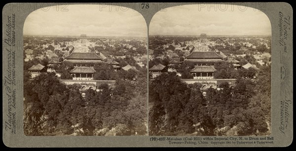 Mei-shan, Coal Mountain, withing Imperial City, north to Drum and Bell towers- ancestral temples in foreground- Pekin, Beijing