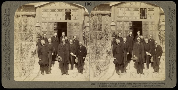 Ministers of foreign powers during negotiations with China- leaving Spanish legation- Pekin, Ricalton, James, Underwood