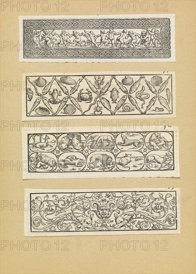 Frieze with putti, Pattern with fish and shells, Vignettes, Scroll work, Etching, engraving, black-and-white, 1550 ?, Giunti