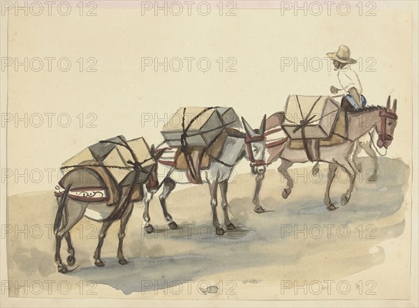 El Arriero, mules laden with cases of goods, led by a mulateer, Lima costumes, ca. 1853, Fierro, Pancho, 1803-1879, Smith