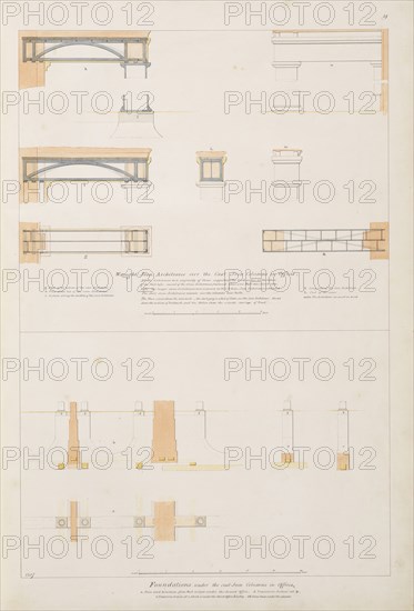 Foundations under the cast from columns in offices, Wrought iron architraves over the cast iron columns in offices, Foundations