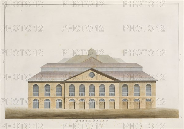 North front, The Stag Brewery at Pimlico and other adjoining premises, 1807, Saunders, George, 1762-1839, Ink, watercolor, 1807