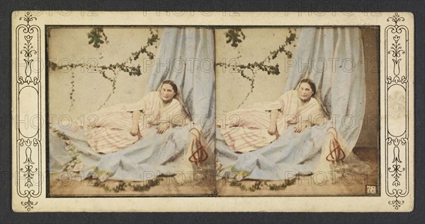 Woman reclining on divan with nargileh, orientalist photography, Olivier, Louis-Camille d', 1827-1870