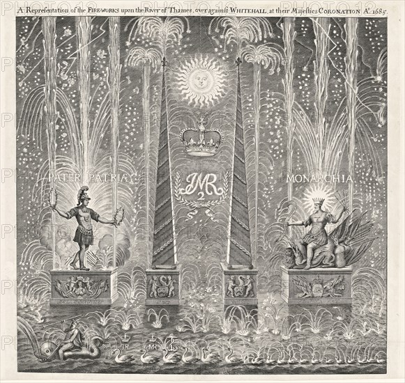 A representation of the fire-works upon the river of Thames, over against Whitehall, at their Majesties coronation Ao. 1685