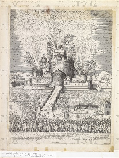 Castello S. Angelo con la girandola, Specvlvm Romanae magnificentiae, Duchet, Claude, ca. 1515-ca. 1565, Engraving, 1579