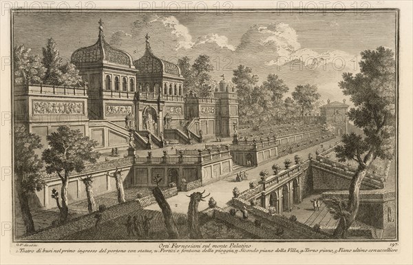 Orti Farnesiani sul Monte Palatino, Delle magnificenze di Roma antica e moderna, Vasi, Giuseppe, 1710-1782, Engraving, between