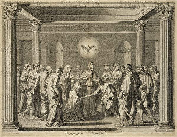 Sacramentum Matrimonij, print after paintings by Nicolas Poussin, Châtillon, Louis de, 1639-1734, Poilly, Nicolas