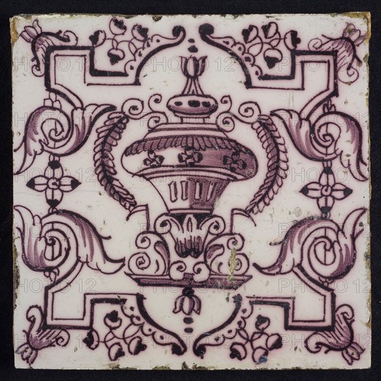 Tile, purple on white, vase with round floral ornaments, framed by régence decoration, wall tile tile sculpture ceramic