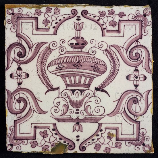 Tile, purple on white, vase with round floral ornaments, framed by régence decoration, wall tile tile sculpture ceramic