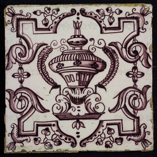 Tile, purple on white, vase with round floral ornaments, framed by régence decoration, wall tile tile sculpture ceramic