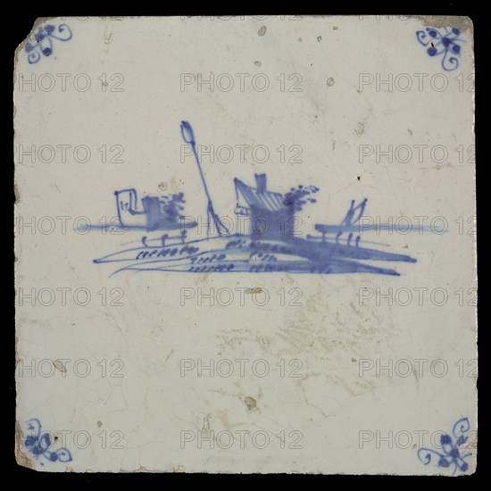 Scene tile, landscape tile with staff and house, blue decor on white ground, corner fill spider, wall tile tile sculpture