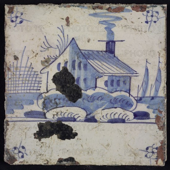 Scene tile, blue with landscape with house, corner pattern spider, wall tile tile sculpture ceramic earthenware glaze, baked 2x