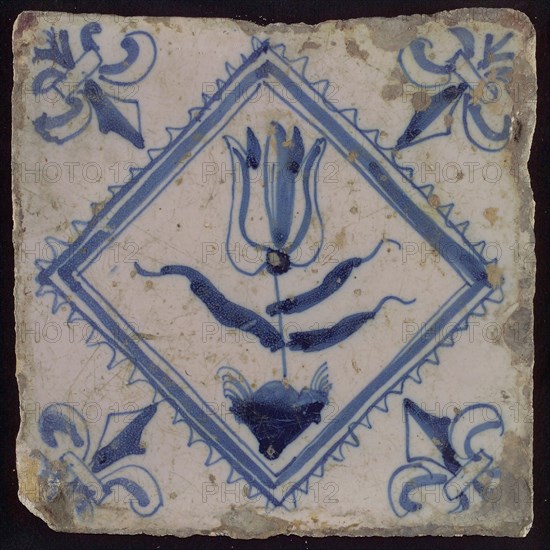 Tile, tulip on ground in blue on white, inside serrated square, corner pattern french lily, wall tile tile sculpture ceramic