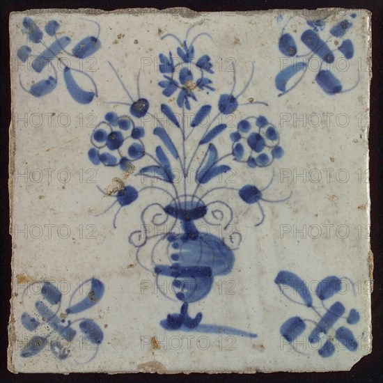 Tile, flowerpot in blue on white, corner motif lily, wall tile tile sculpture ceramic earthenware glaze, baked 2x glazed painted