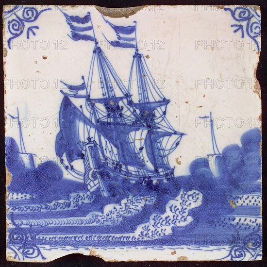 Scene tile, three-master on the waves, corner motif of ox's head, wall tile tile sculpture ceramic earthenware glaze, baked 2x