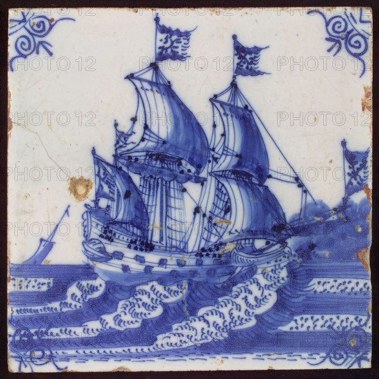 Scene tile, sailing three-master on the waves, corner motif of ox-head, wall tile tile sculpture ceramic earthenware glaze