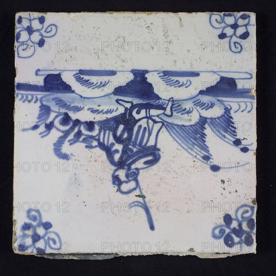 Figure tile, blue with landscape with shepherd kneeling on one knee, corner pattern spider, wall tile tile sculpture ceramic