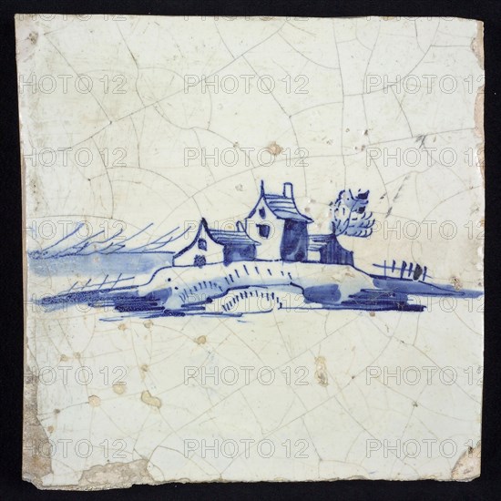 Scene tile, blue with sketch of landscape with houses on mound, no corner motif, wall tile tile sculpture ceramic earthenware