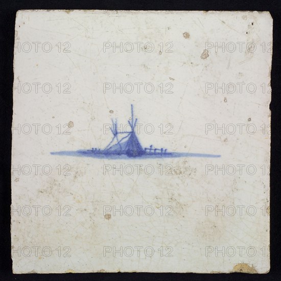 Scene tile, blue with sketch of house or tent, no corner motif, wall tile tile sculpture ceramic earthenware glaze, baked 2x