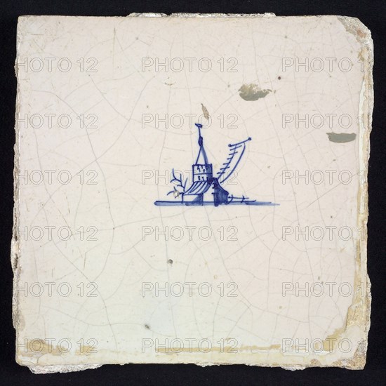 Scene tile, blue with landscape sketch of church with fire beacon, no corner motif, wall tile tile sculpture ceramic earthenware