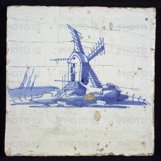 Scene tile, blue with landscape with stand mill, no corner motif, wall tile tile sculpture ceramic earthenware glaze, baked 2x