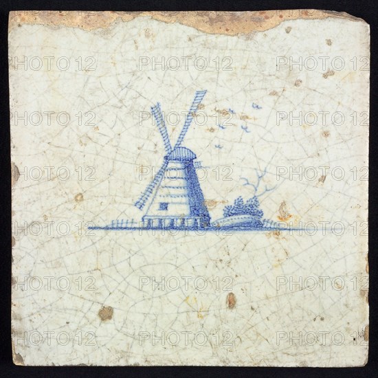 Scene tile, blue with landscape with windmill, no corner motif, wall tile tile sculpture ceramic earthenware glaze, baked 2x