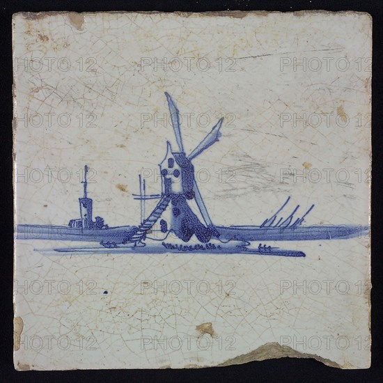 Scene tile, blue with landscape with stand mill, no corner motif, wall tile tile sculpture ceramic earthenware glaze, baked 2x