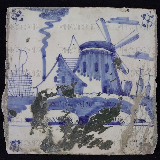 Scene tile, blue with landscape with mill and house, corner motif spider, wall tile tile sculpture ceramic earthenware glaze