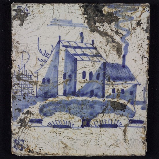 Scene tile, blue with landscape with house with shed, corner pattern spider, wall tile tile sculpture ceramic earthenware glaze