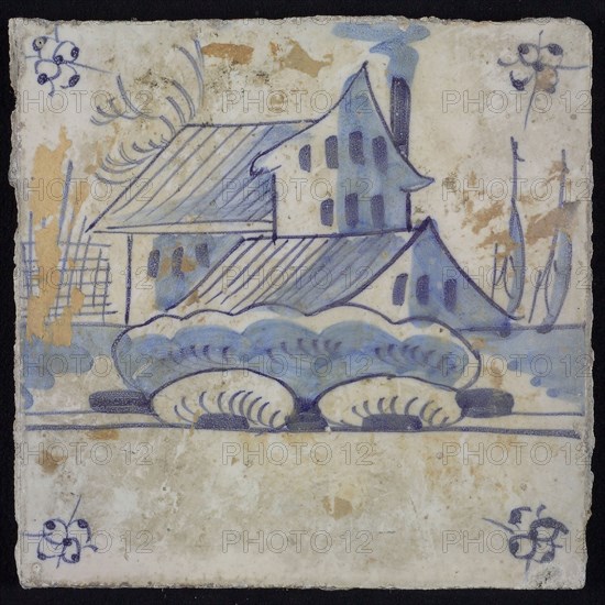 Scene tile, blue with landscape with house with shed, corner pattern spider, wall tile tile sculpture ceramic earthenware glaze