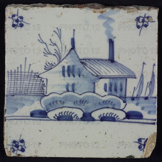 Scene tile, blue with landscape with house and barn, corner motif spider, wall tile tile sculpture ceramic earthenware glaze