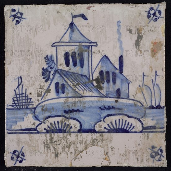 Scene tile, blue with landscape with church with tower, corner motif spider, wall tile tile sculpture ceramic earthenware glaze