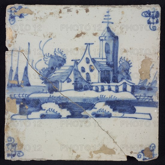 Scene tile, blue with landscape with church tower and houses, corner motif spider, wall tile tile sculpture ceramic earthenware