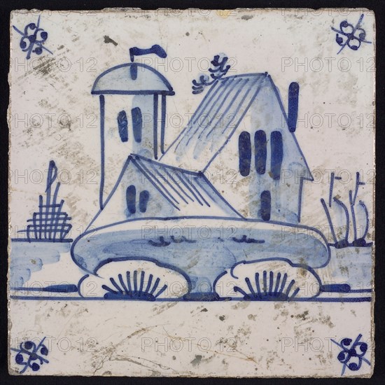 Scene tile, blue with landscape with houses and dome tower, corner motif spider, wall tile tile sculpture ceramic earthenware
