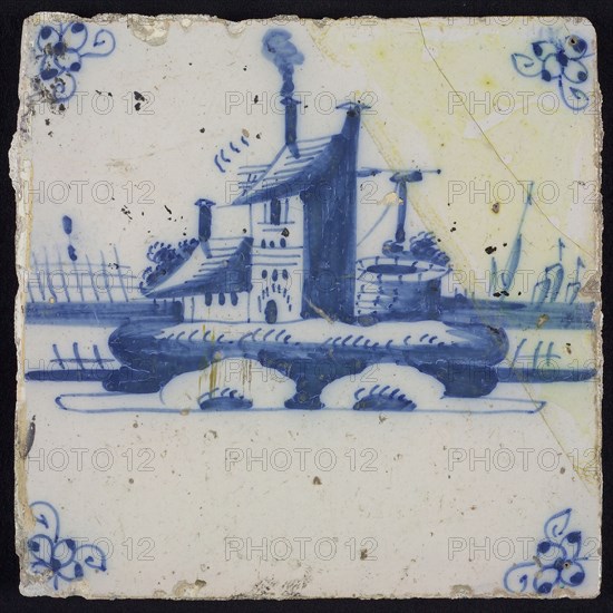 Scene tile, blue with landscape with houses, tower and well, corner motif spider, wall tile tile sculpture ceramic earthenware