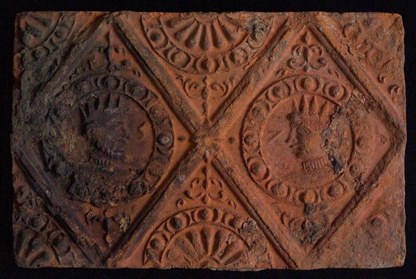 Hearthstone, from Antwerp Belgium, without frame, with crowned male and female head, hearth fireplace component ceramics brick