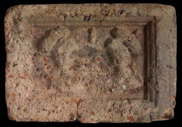 Hearthstone, Luiks, from Luik, Liege Belgium, with wide frame, with male and female head, hearth fireplace part ceramic brick