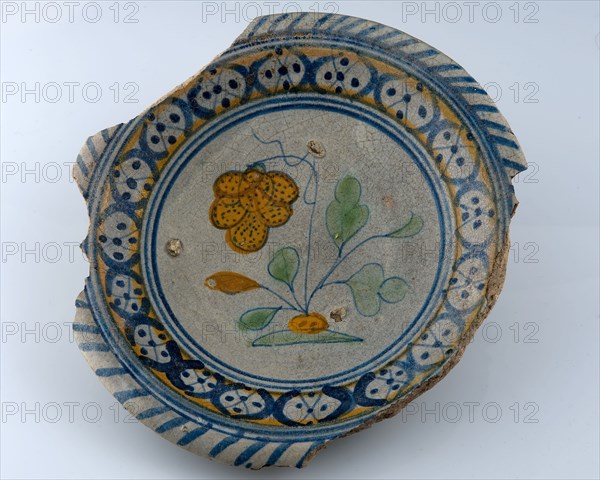 Majolica dish, polychrome, flowering plant in the mirror, plate crockery holder earth discovery ceramics pottery glaze, baked