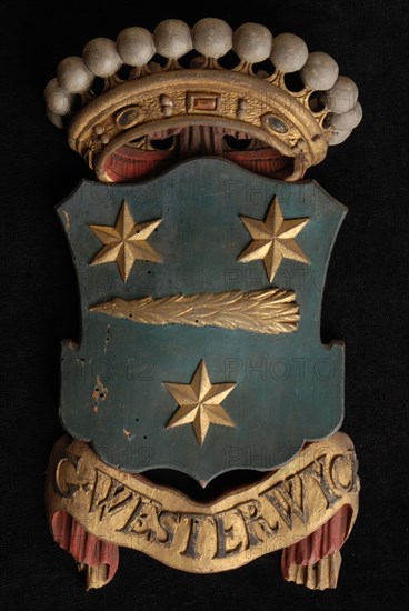 Carved wooden crowned coat of arms including the name G. Westerwyck, coat of arms information form carvings sculpture footage