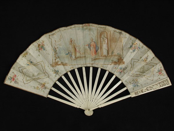 Folding fan with bone frame and multicolored painted front and back cover with biblical representation, Jacob and Hagar, church