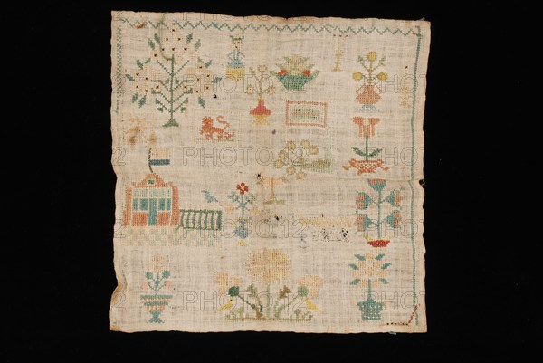 Small square sampler worked in cross stitch in colored silk on coarsely bleached linen, sampler embroidery needlework images