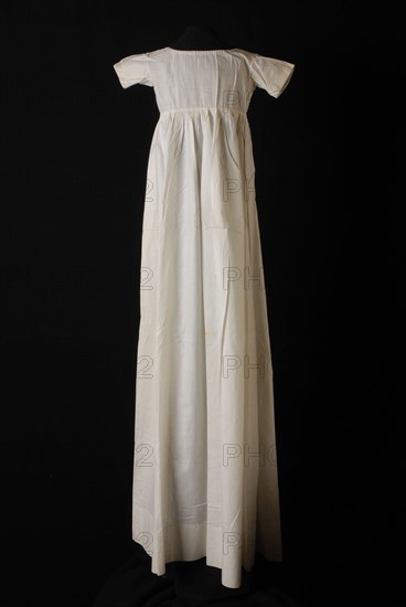 Long flared christening dress in white cotton, slip dress or carrier dress, white embroidery on the hem edge, christening