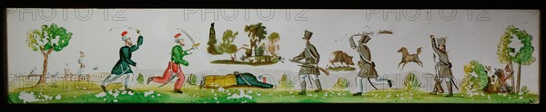 Hand-painted glass lantern plate in wooden frame, with combat Western and Oriental soldiers, slide plate slideshoot images glass