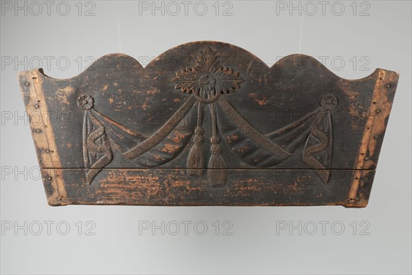 Wooden plate of wagon with carved drapery, cord with tassels, wood carving sculpture wood painting, Wood plate with carved