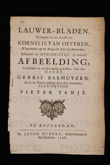 Hubert, Jacob, Lauwer sheets, flogged around the head of Kornelis van Oeveren, oud druk book information form paper, printed