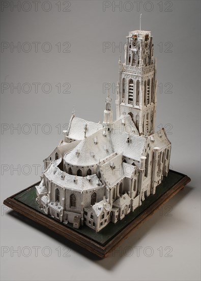 Cardplate model of the Laurenskerk on wooden plateau with twisted legs, model cardboard model paint glue wood on plateau