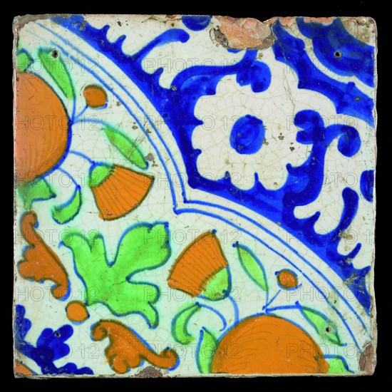 Polychrome tile, orange apples in quarter quad, wall tile tile sculpture ceramic earthenware glaze tin glaze lead glaze