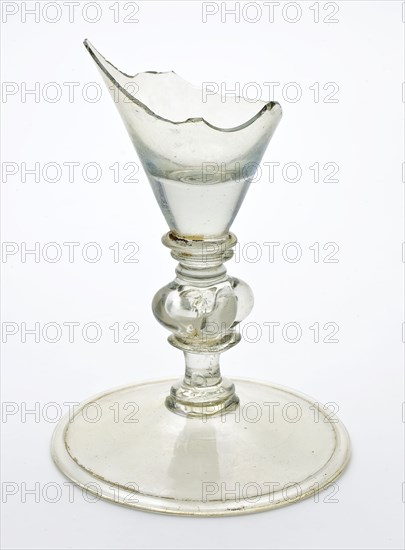 Fragment of foot, trunk and goblet of chalice, drinking glass drinking utensils tableware holder soil find glass, handblown
